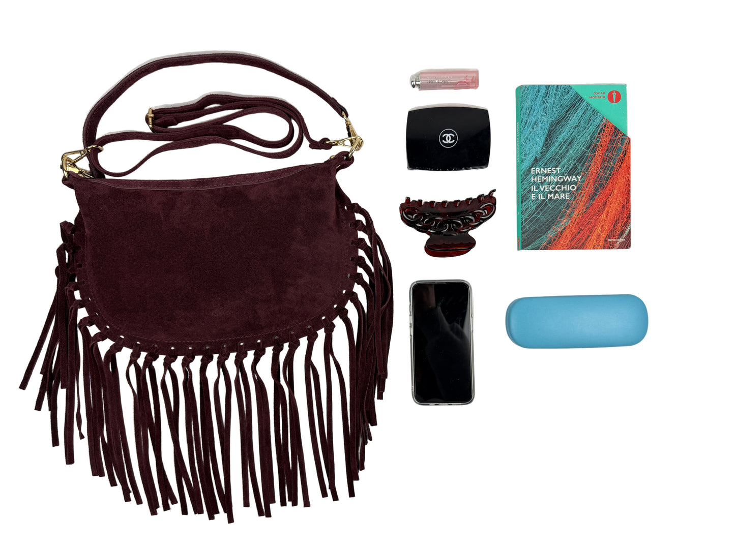 Borsa a tracolla in camoscio con frange - Bordeaux in borsa a spalla - EmilyHu LOVE