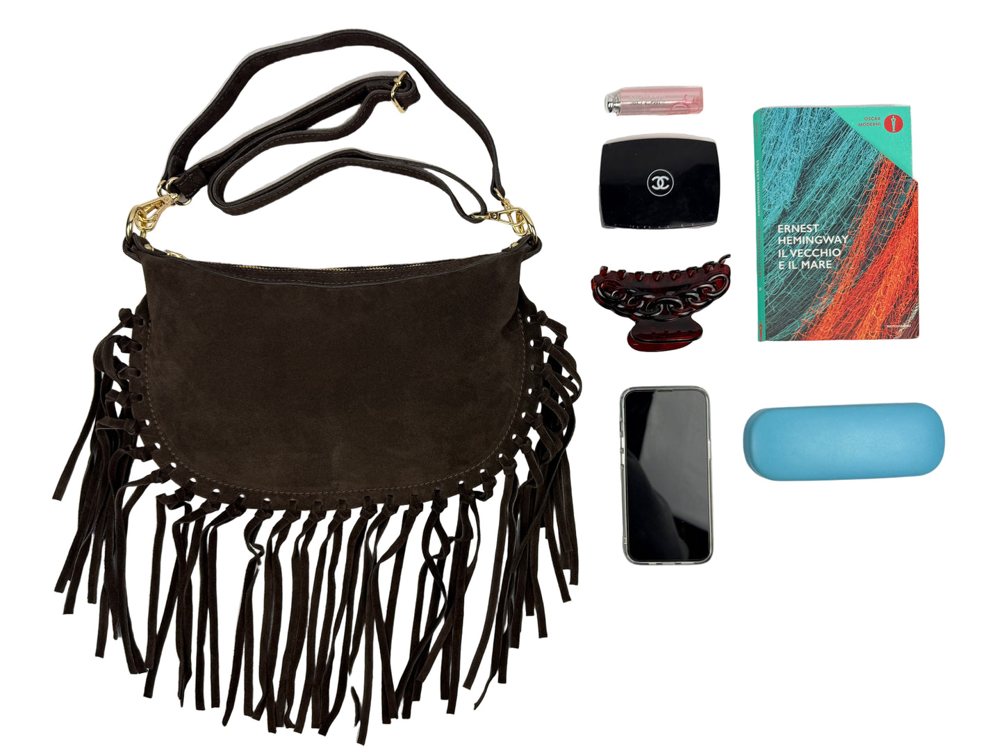 Borsa a tracolla in camoscio con frange - Marrone Scuro in borsa a spalla - EmilyHu LOVE