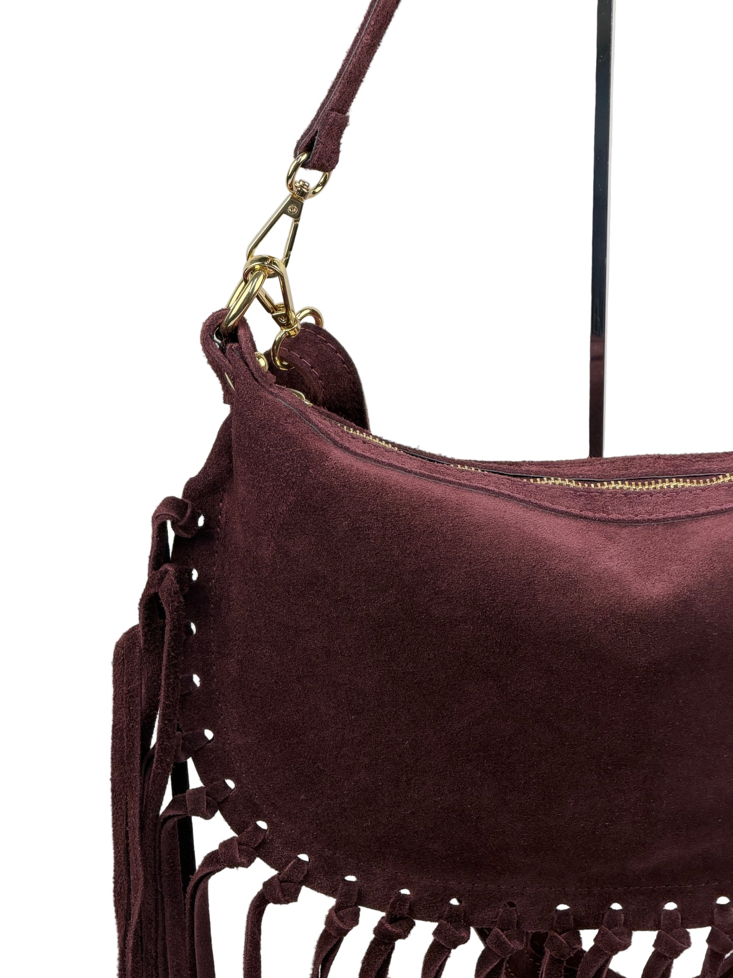 Borsa a tracolla in camoscio con frange - Bordeaux in borsa a spalla - EmilyHu LOVE