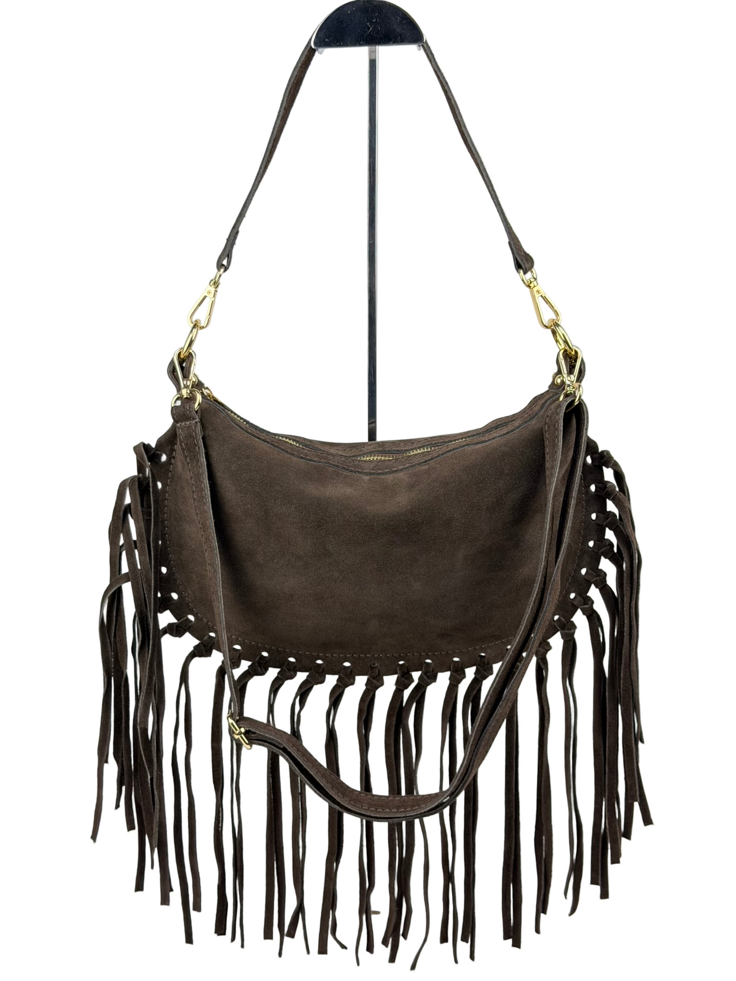 Borsa a tracolla in camoscio con frange - Marrone Scuro in borsa a spalla - EmilyHu LOVE