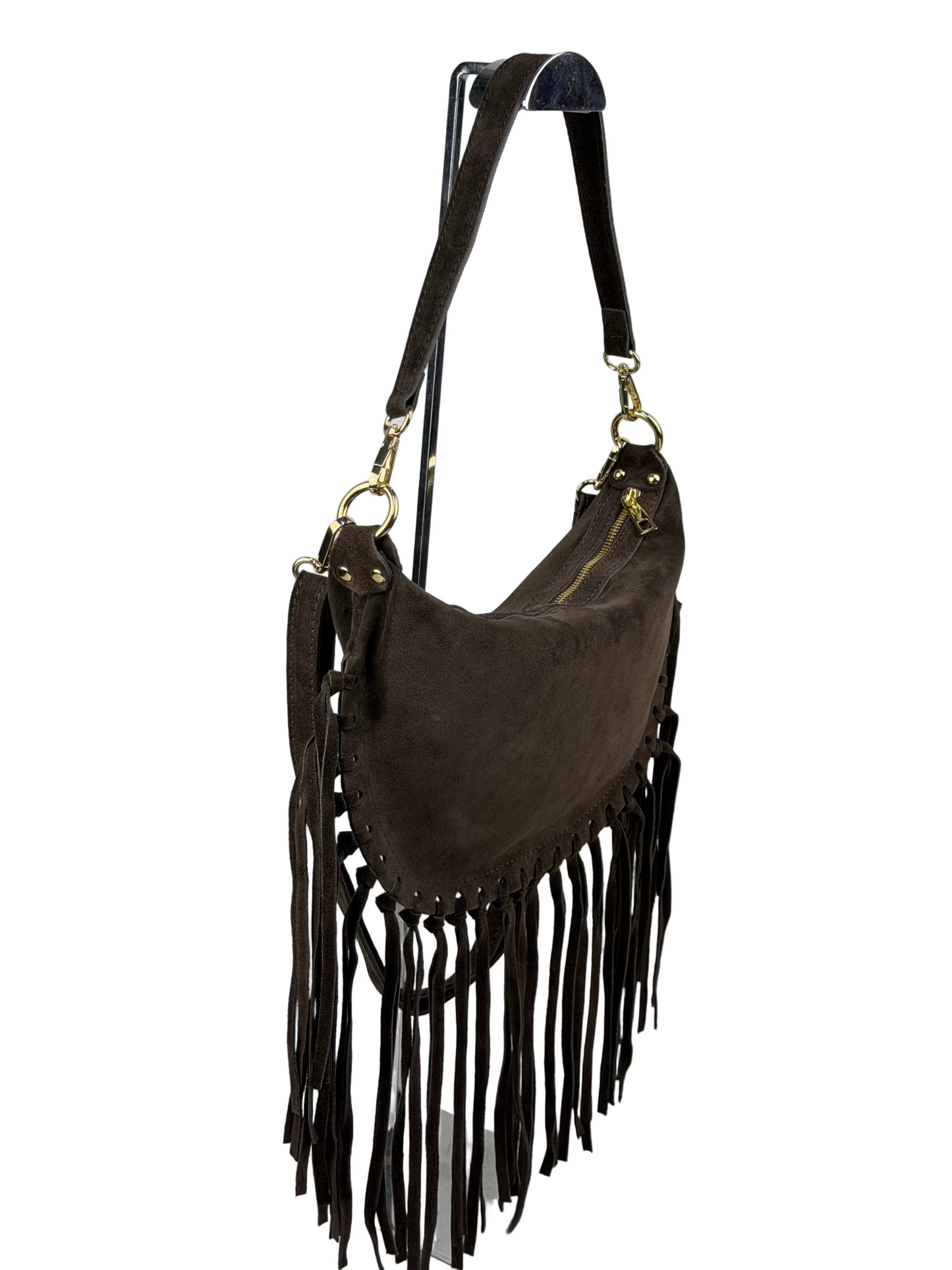 Borsa a tracolla in camoscio con frange - Marrone Scuro in borsa a spalla - EmilyHu LOVE