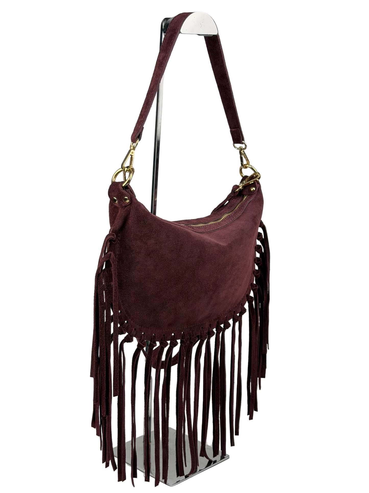 Borsa a tracolla in camoscio con frange - Bordeaux in borsa a spalla - EmilyHu LOVE