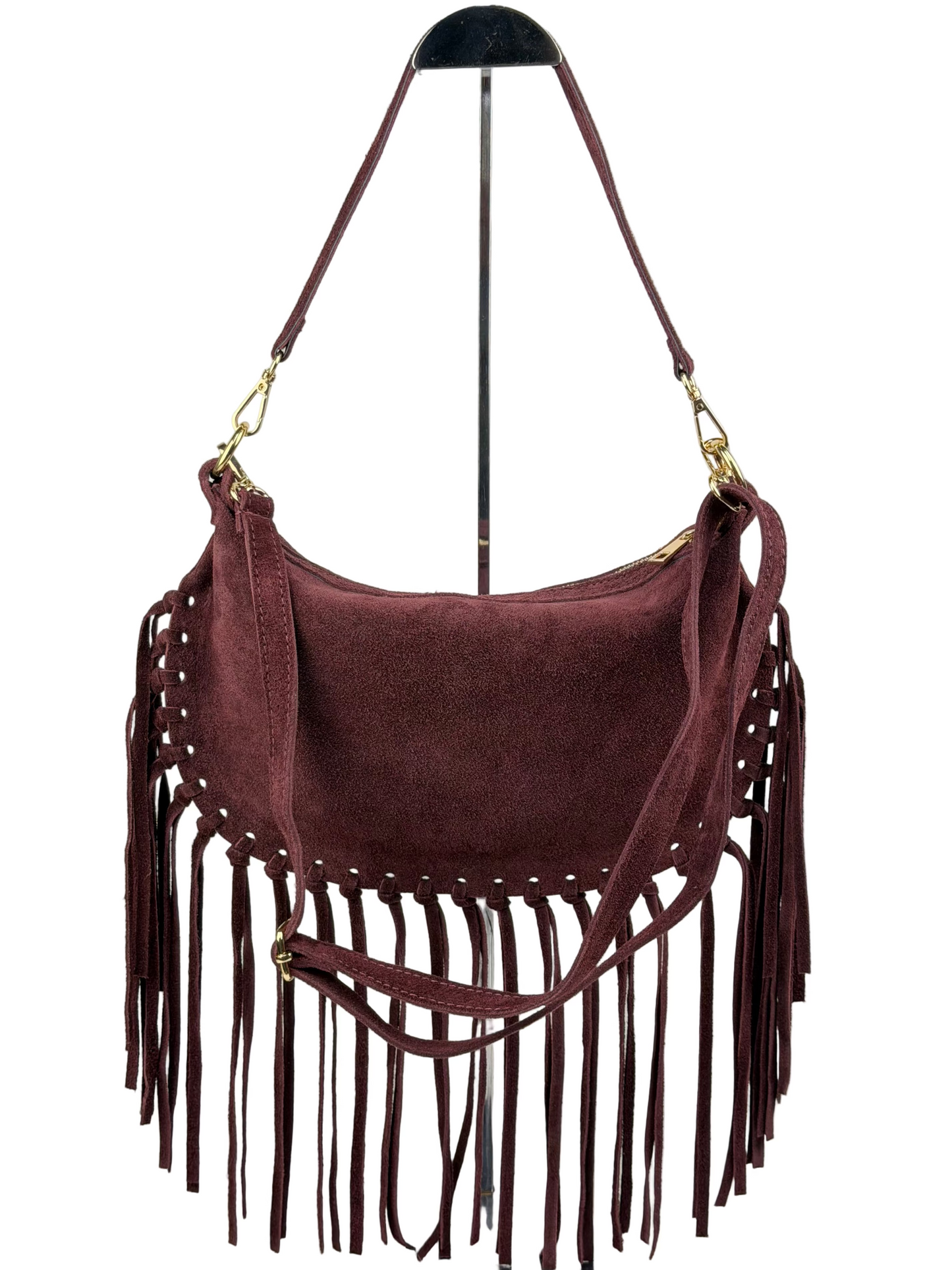 Borsa a tracolla in camoscio con frange - Bordeaux in borsa a spalla - EmilyHu LOVE