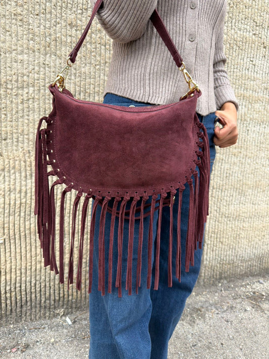 Borsa a tracolla in camoscio con frange - Bordeaux in borsa a spalla - EmilyHu LOVE
