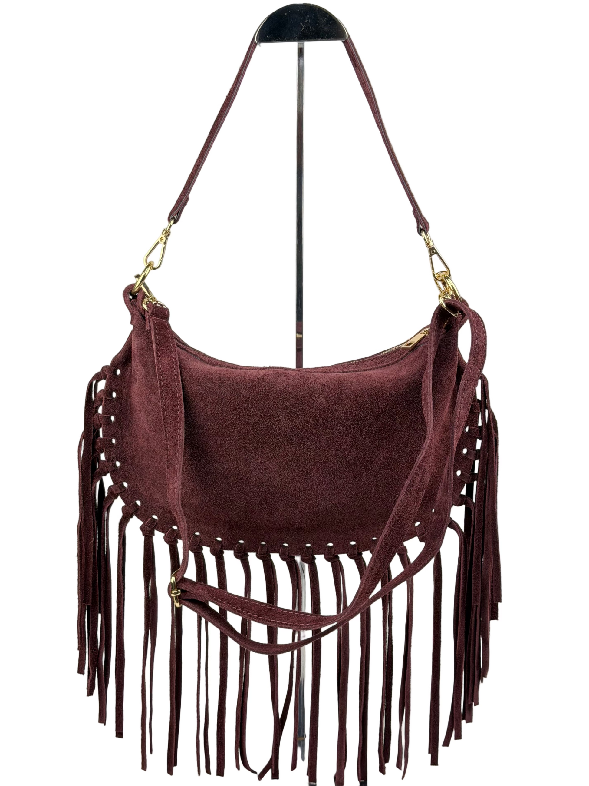 Borsa a tracolla in camoscio con frange - Bordeaux in borsa a spalla - EmilyHu LOVE