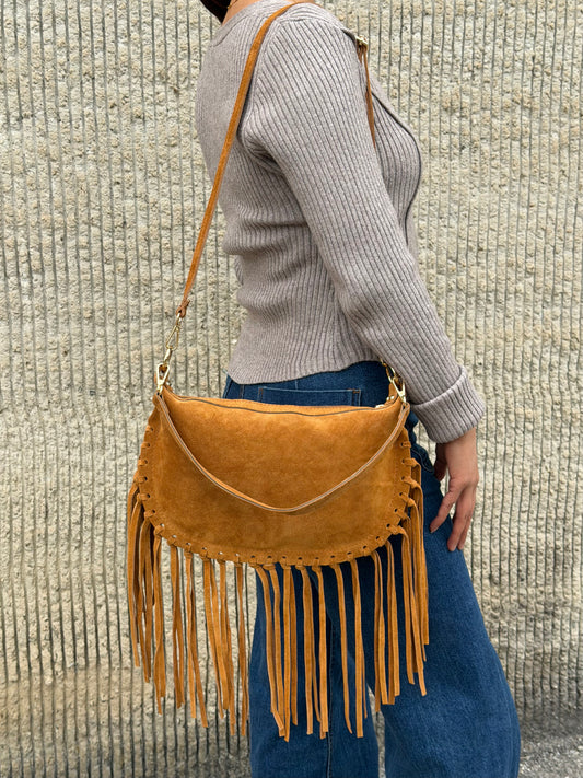 Borsa a tracolla in camoscio con frange - Cuoio in borsa a mano - EmilyHu LOVE