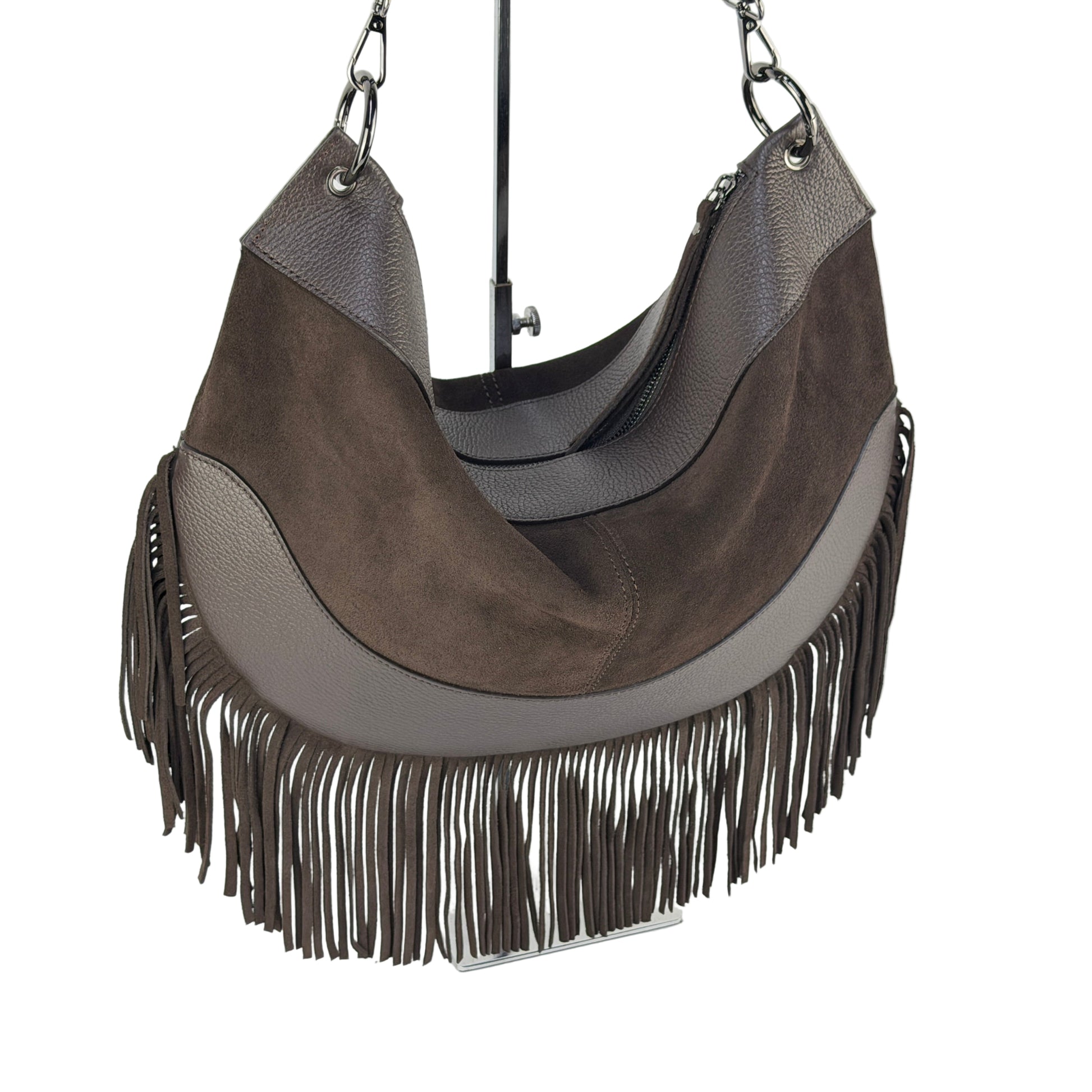Borsa hobo con frange MAYA - Camoscio e pelle in Borsa Hobo - EmilyHu LOVE