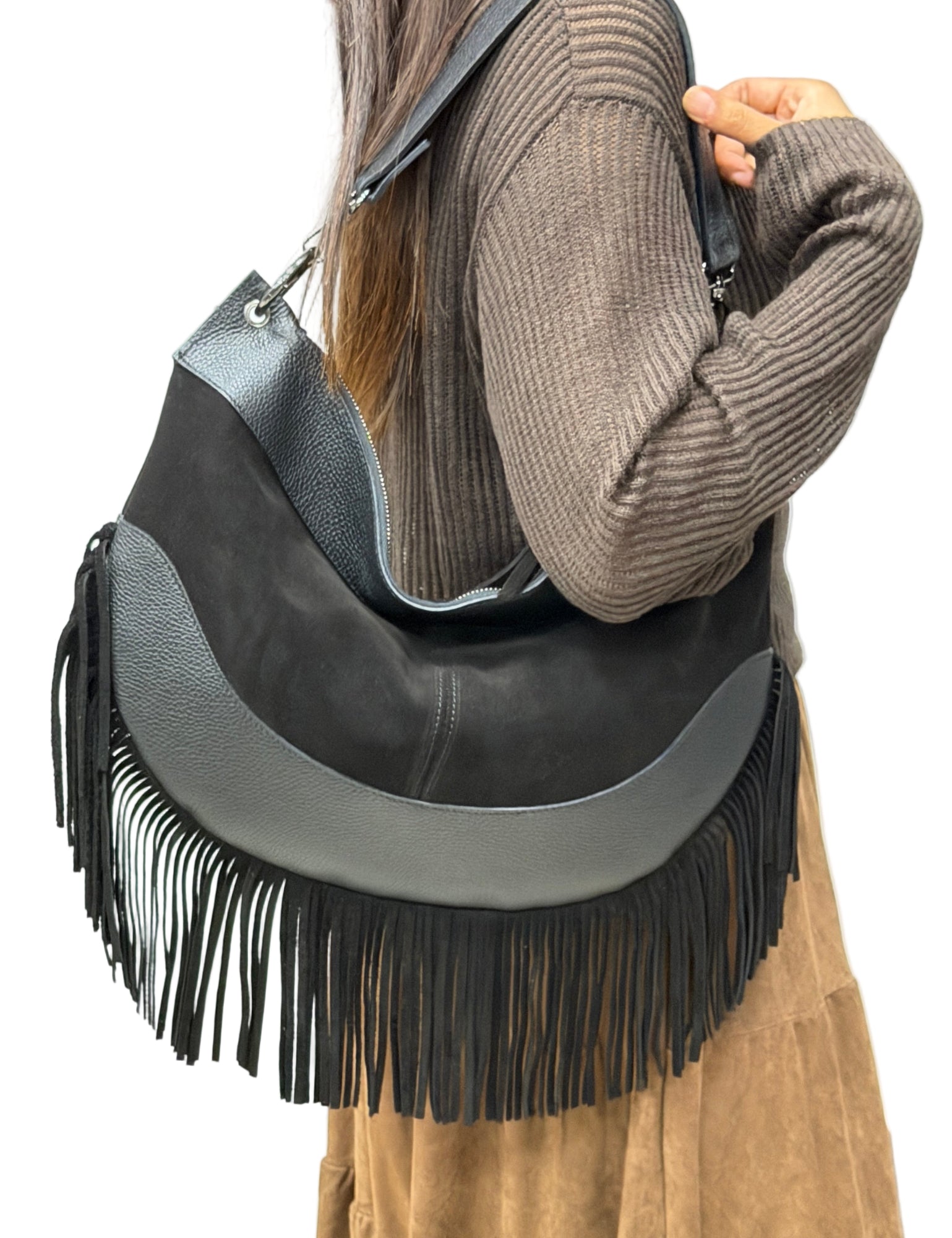 Borsa hobo con frange MAYA - Camoscio e pelle in Borsa Hobo - EmilyHu LOVE