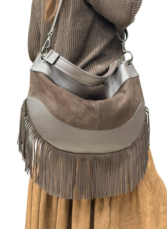 Borsa hobo con frange MAYA - Camoscio e pelle in Borsa Hobo - EmilyHu LOVE