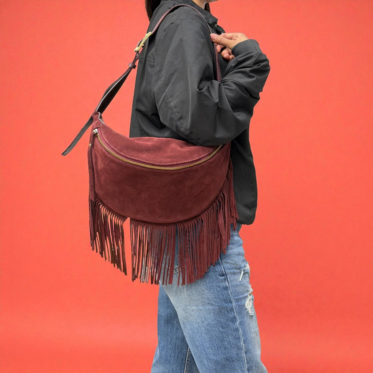 Marsupio con frange LUNA - Camoscio e pelle in borsa tracolla - EmilyHu LOVE