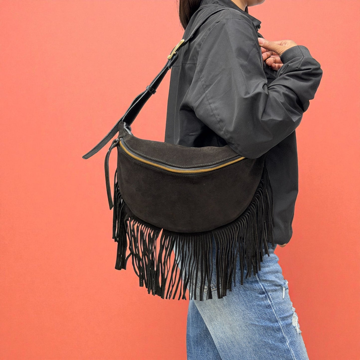 Marsupio con frange LUNA - Camoscio e pelle in borsa tracolla - EmilyHu LOVE