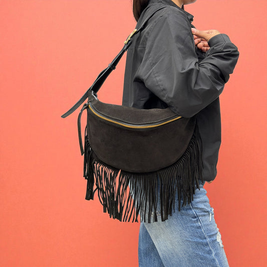 Marsupio con frange LUNA - Camoscio e pelle in borsa tracolla - EmilyHu LOVE