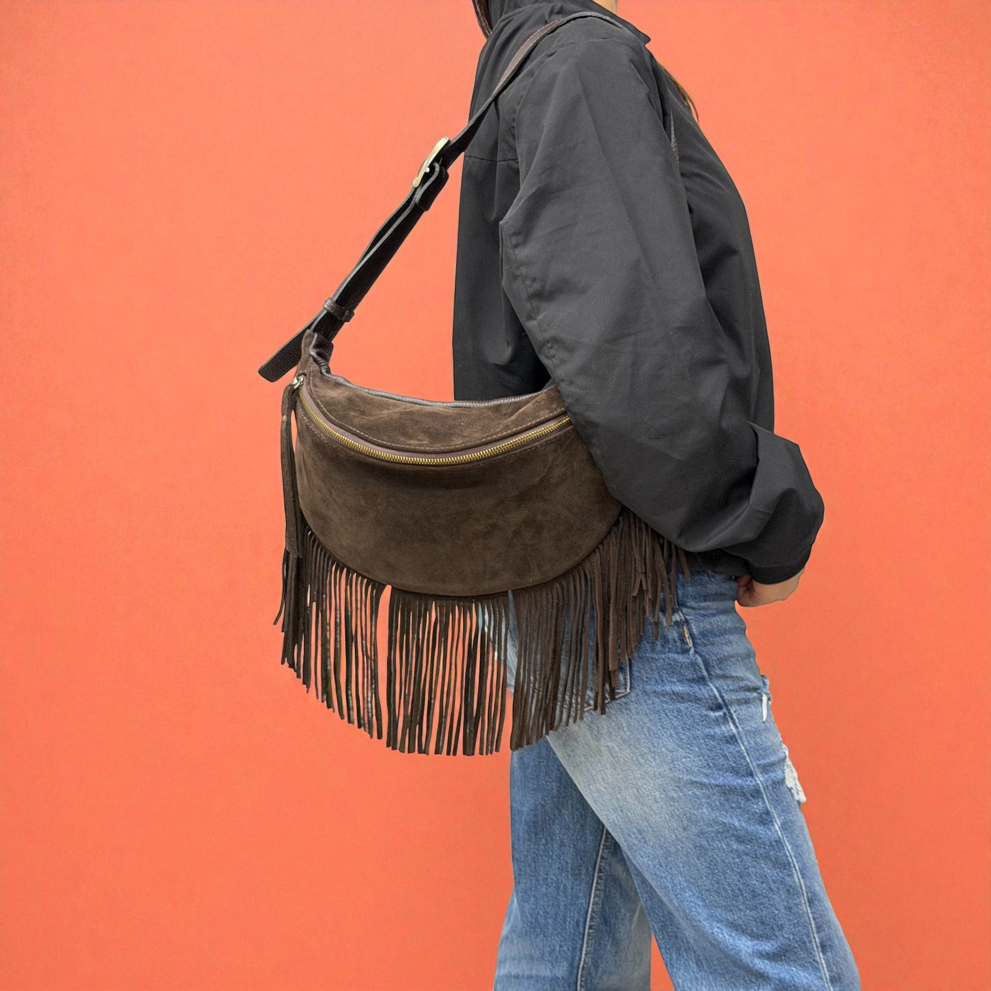 Marsupio con frange LUNA - Camoscio e pelle in borsa tracolla - EmilyHu LOVE