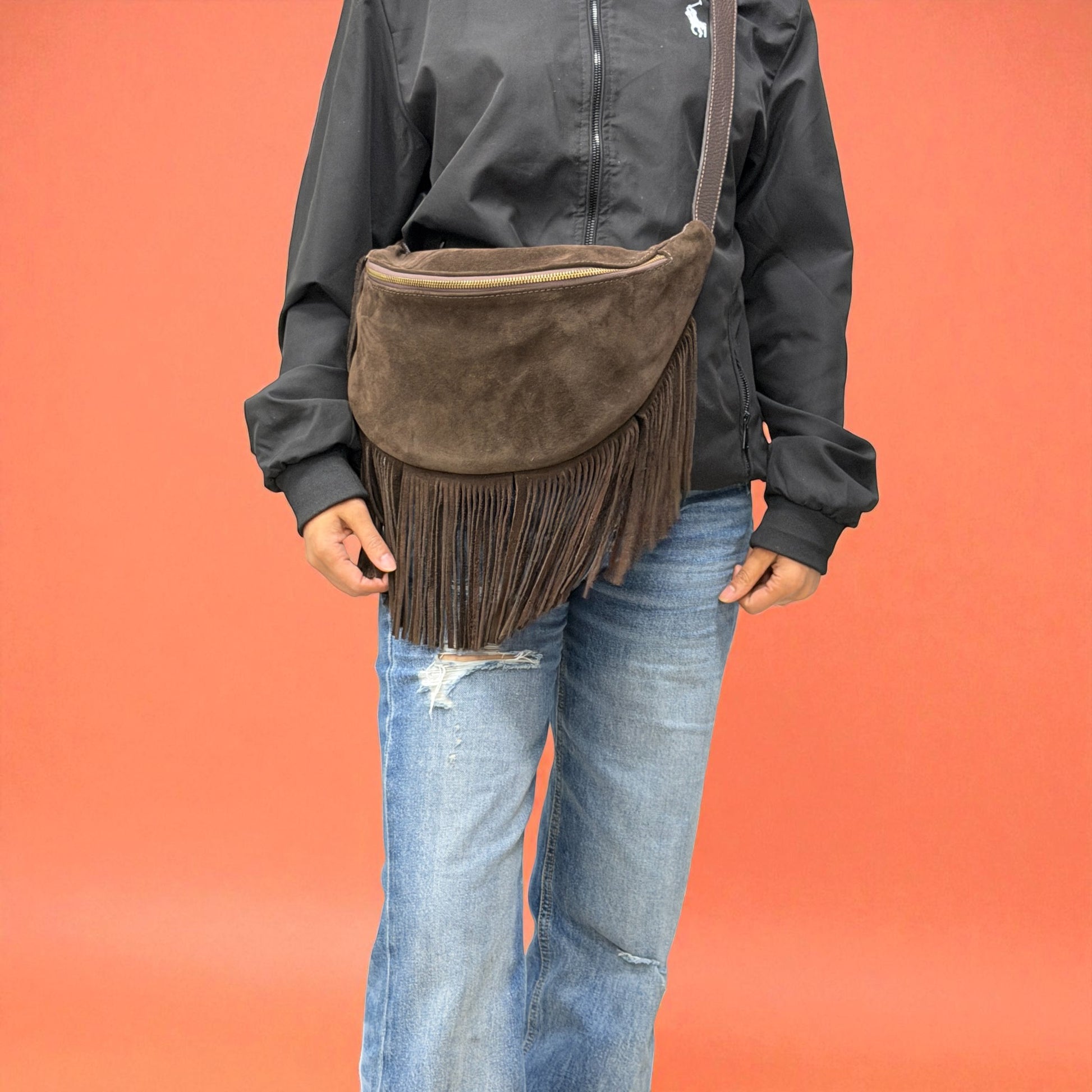 Marsupio con frange LUNA - Camoscio e pelle in borsa tracolla - EmilyHu LOVE