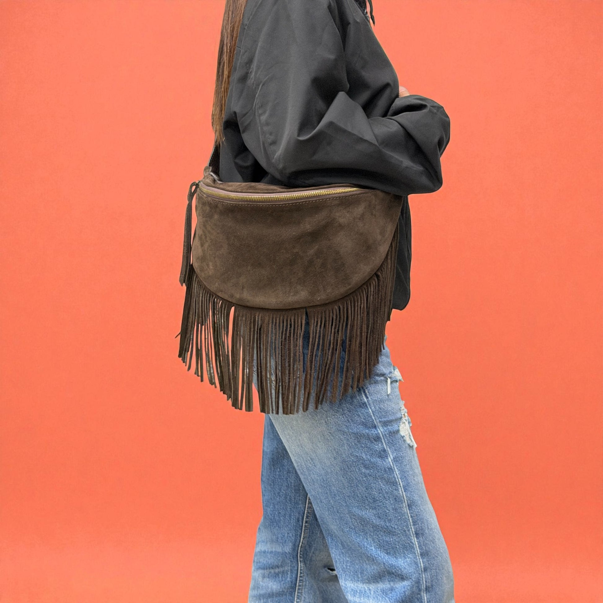 Marsupio con frange LUNA - Camoscio e pelle in borsa tracolla - EmilyHu LOVE