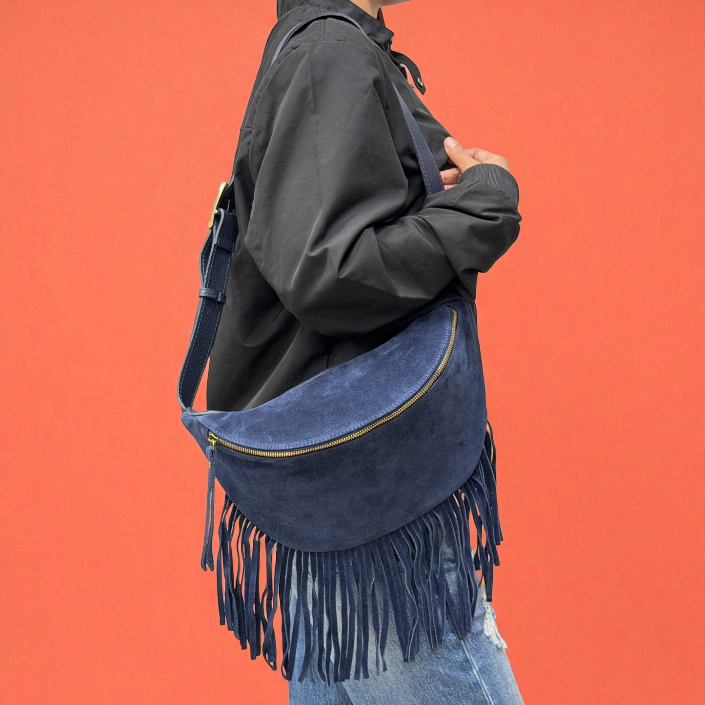 Marsupio con frange LUNA - Camoscio e pelle in borsa tracolla - EmilyHu LOVE