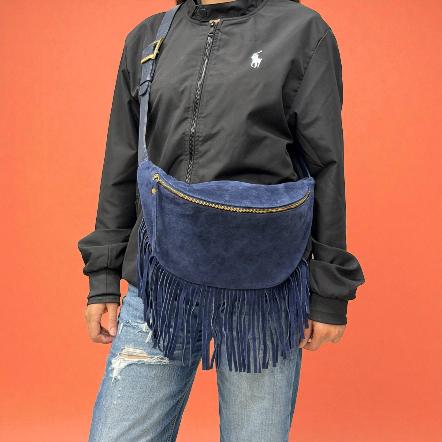 Marsupio con frange LUNA - Camoscio e pelle in borsa tracolla - EmilyHu LOVE