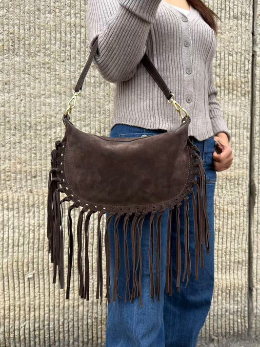 Borsa a tracolla in camoscio con frange - Marrone Scuro in borsa a spalla - EmilyHu LOVE